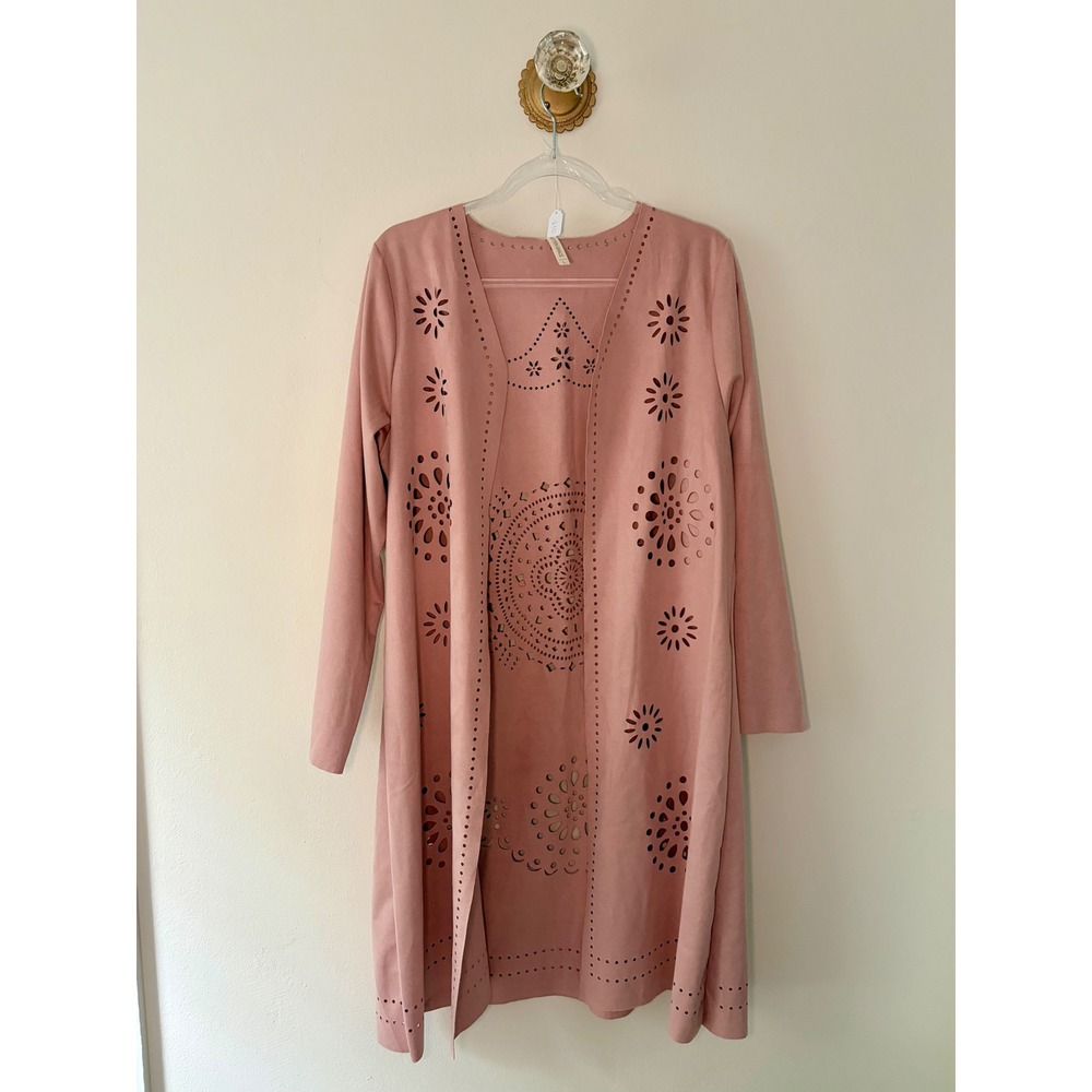 Forgotten Grace Womens Pink Faux Suede Laser Cut Duster Cardigan Size L